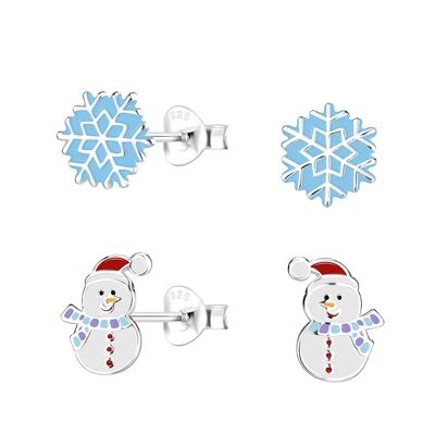 Set di 2 paia di orecchini in argento sterling per bambini con pupazzo di neve e fiocco di neve di Natale