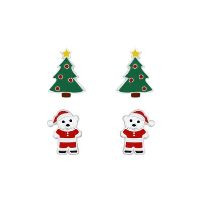 Ensemble de 2 paires de boucles d'oreilles en argent sterling pour enfants avec arbre de Noël et ours père Noël