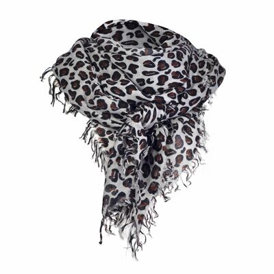 Sciarpa grigia in cashmere con stampa leopardata