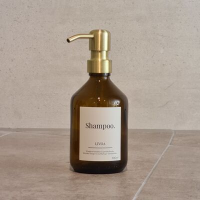 Shampoo dispenser made of glass 300ml with pump in gold