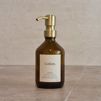 Lotion dispenser made of glass 300ml with pump in gold