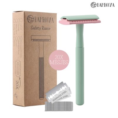 Maquinilla de Afeitar Bambooya + 20 Cuchillas de Afeitar - Rosa Menta
