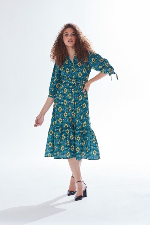 AW21/22-Liquorish African print midi dress with 3/4 length sleeve & tiered skirt detail in green, yellow & navy -Size 8