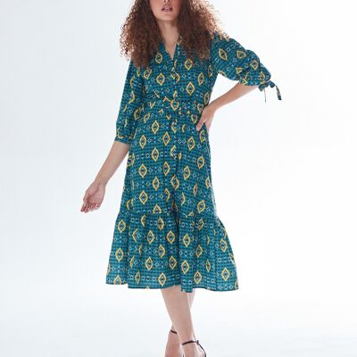 AW21 / 22-Vestido midi con estampado africano Liquorish con manga 3/4 y detalle de falda escalonada en verde, amarillo y azul marino -Talla 8
