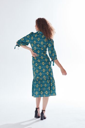 AW21/22-Robe midi à imprimé africain Liquorish avec manches 3/4 et détail de jupe à volants en vert, jaune et bleu marine -Taille 12 6