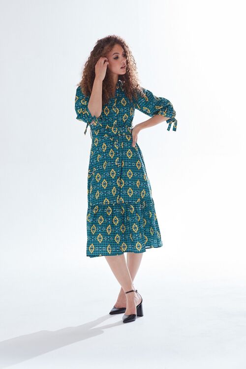 AW21/22-Liquorish African print midi dress with 3/4 length sleeve & tiered skirt detail in green, yellow & navy -Size 16
