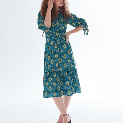 AW21 / 22-Vestido midi con estampado africano Liquorish con manga 3/4 y detalle de falda escalonada en verde, amarillo y azul marino -Talla 16