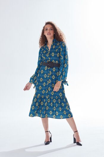 AW21/22-Robe midi à imprimé africain Liquorish avec jupe à volants en bleu, jaune et marine-Taille 8 5