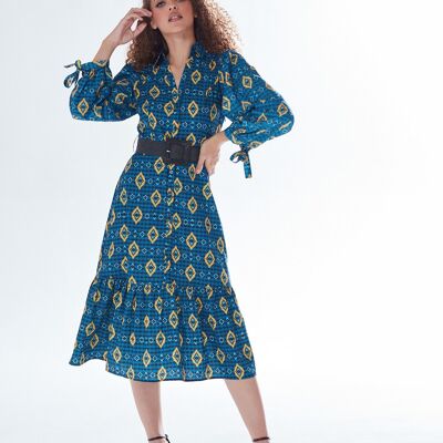 AW21 / 22- Vestido midi con estampado africano Liquorish y detalle de falda escalonada en azul, amarillo y azul marino- Talla 8