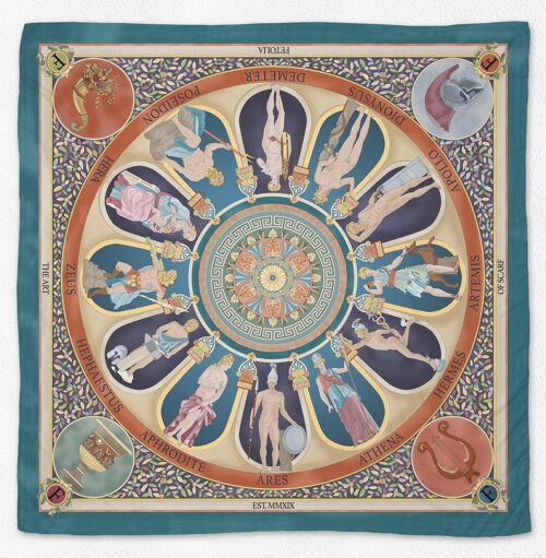 The Olympian Gods  100% silk scarf - Terracotta-Turquoise