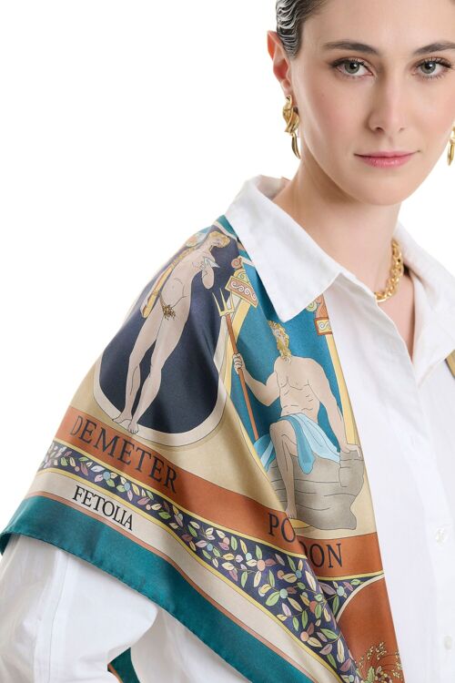 The Olympian Gods  100% silk scarf - Terracotta-Turquoise