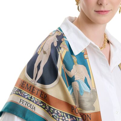 The Olympian Gods  100% silk scarf - Terracotta-Turquoise