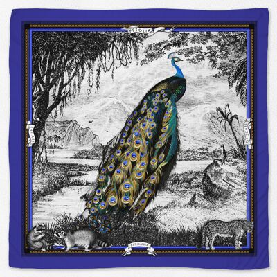 Peacock Feathers  100% silk twill scarf - Blue 90*90 cm