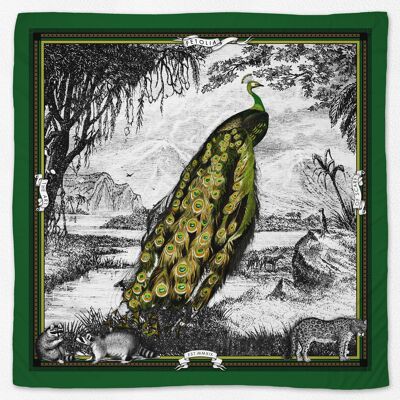 Peacock Feathers 100% silk twill scarf - Green