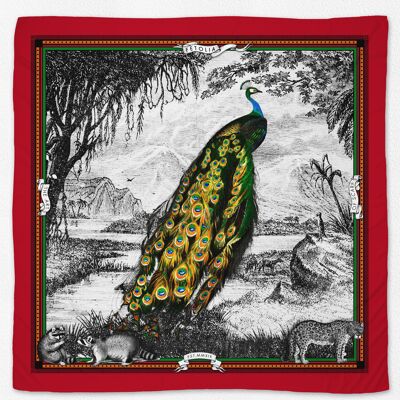 Peacock Feathers 100% silk scarf  - Red