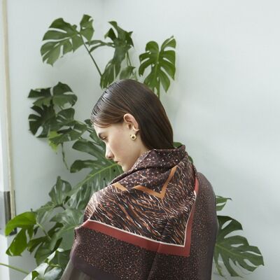 Animal Print 100% silk twill scarf  - Brown-Brick - 90*90 cm