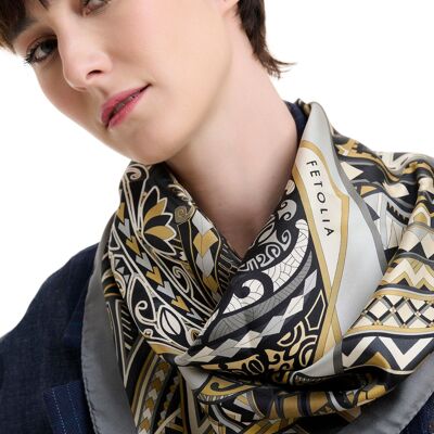 Power of Life 100% silk twill scarf -  Grey 90*90 cm