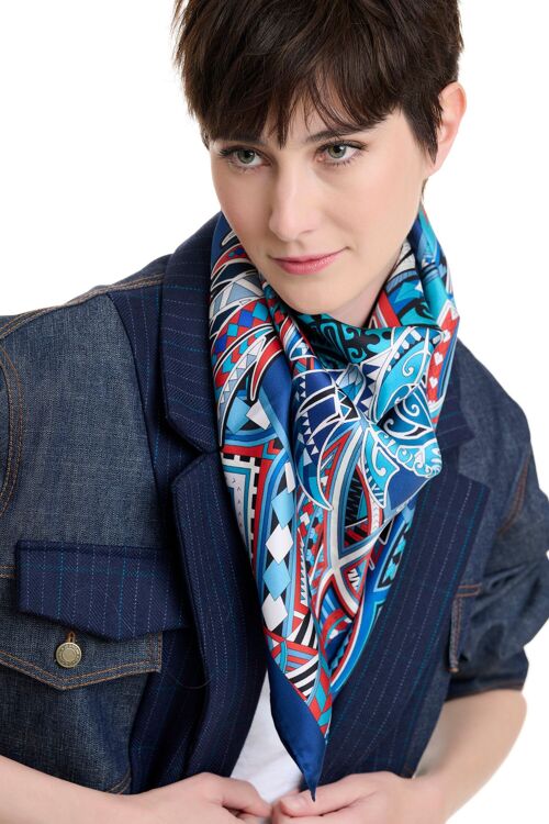 Power of Life  100% silk twill scarf - Navy 90*90cm