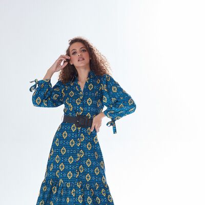 AW21/22- Liquorish African print midi dress with tiered skirt detail in blue, yellow & navy- Size 10
