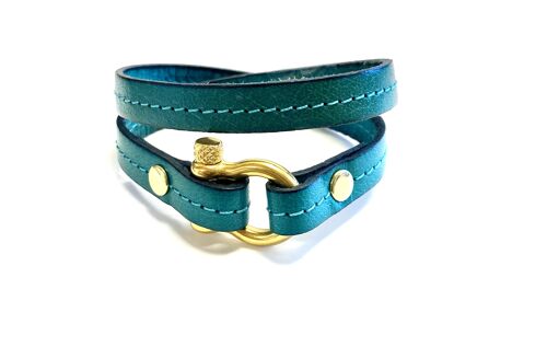 Bracelet leather turquoise Hermes style shackle steel gold