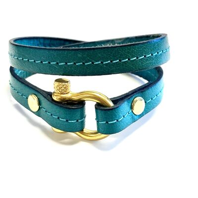 Bracelet leather turquoise Hermes style shackle steel gold