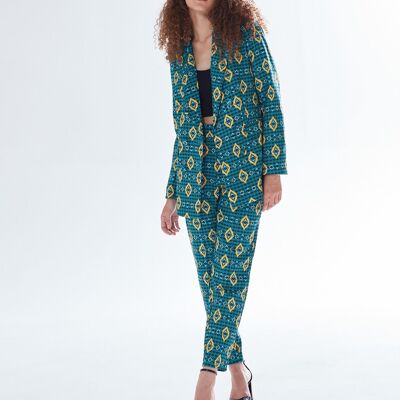 AW21/22- Blazer da abito con stampa africana liquirizia in verde, giallo e blu scuro- Taglia M