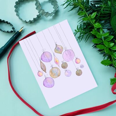 Postal bolas de Navidad violeta