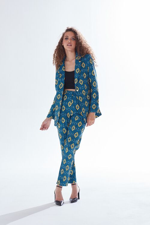 AW21/22-Liquorish African print suit blazer in blue, yellow & navy-Size M