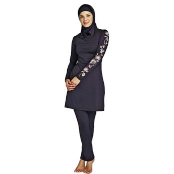 3 Pièce Femmes Manches Longues Musulman Couverture Complète Costumes Modeste Maillots De Bain Burkini Tête Islamique Dames Filles D'été Plage Doux Coulant Imperméable - NOIR 1