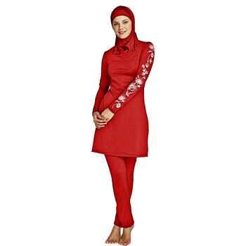 3 Pièce Femmes Manches Longues Musulman Couverture Complète Costumes Modeste Maillots De Bain Burkini Tête Islamique Dames Filles D'été Plage Doux Coulant Imperméable - ROUGE 1