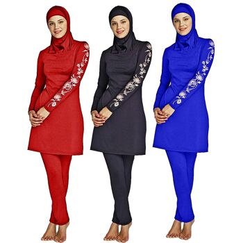 3 Pièce Femmes Manches Longues Musulman Couverture Complète Costumes Modeste Maillots De Bain Burkini Tête Islamique Dames Filles D'été Plage Doux Coulant Imperméable - ROUGE 2