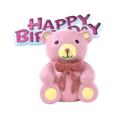 Decoración para tarta de resina con osito de peluche y lema de feliz cumpleaños rosa