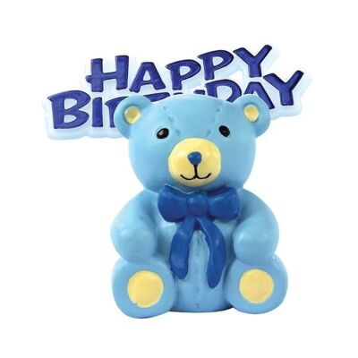 Teddy Bear Resin Cake Topper & Blue Happy Birthday Motto
