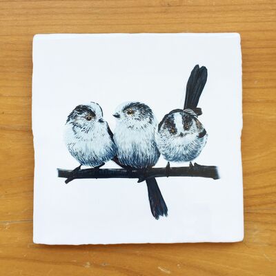 Long-tailed titmouse 3 birds – Vintage Style Tile