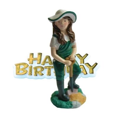 Adorno para tarta de resina de jardinero femenino y lema de feliz cumpleaños dorado