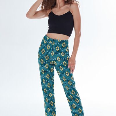 AW21/22-Liquorish African print suit trousers in green, yellow & navy-Size Small
