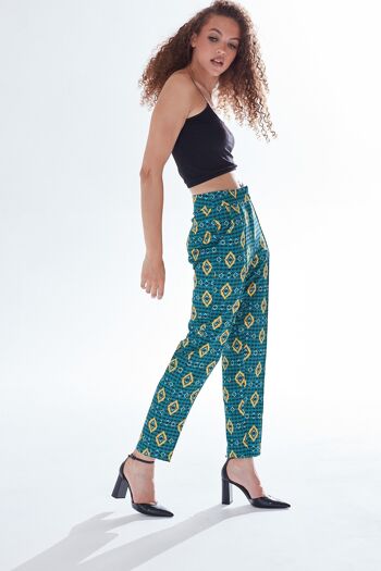 AW21/22-Pantalon de costume à imprimé africain Liquorish en vert, jaune et bleu marine-Taille Large 5