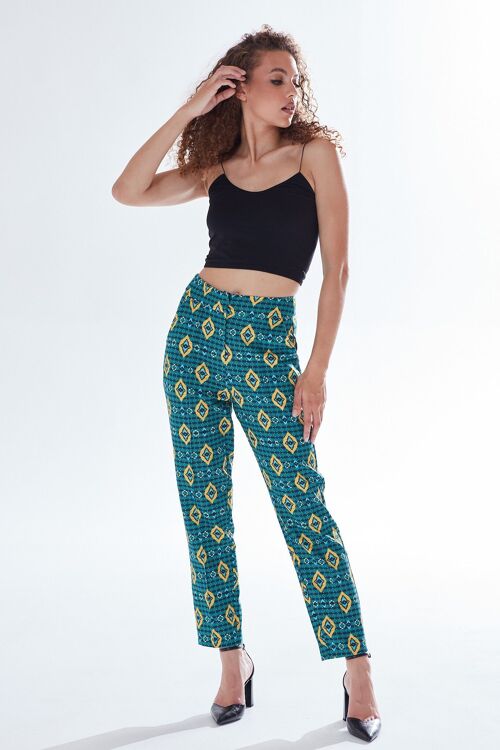 AW21/22-Liquorish African print suit trousers in green, yellow & navy-Size Large