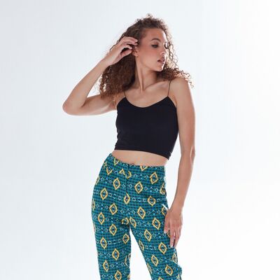 AW21/22-Liquorish African print suit trousers in green, yellow & navy-Size Large