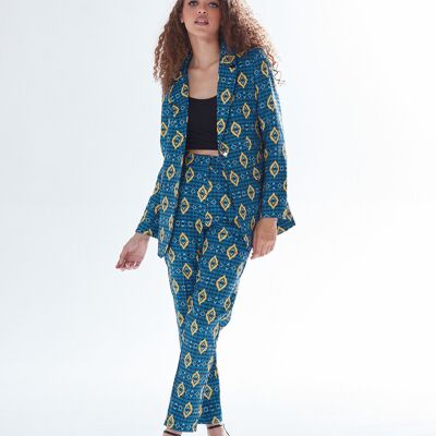 AW21/22-Pantalon de costume cigarette à imprimé africain Liquorish en bleu, jaune et marine-Taille S