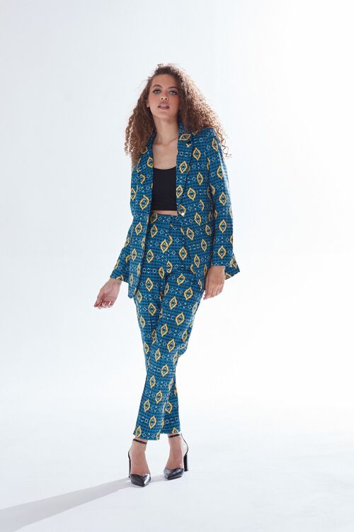 AW21/22-Liquorish African print cigarette suit trousers in blue, yellow & navy-Size M