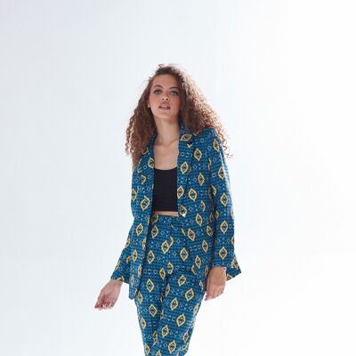 AW21/22-Liquorish African print cigarette suit trousers in blue, yellow & navy-Size M