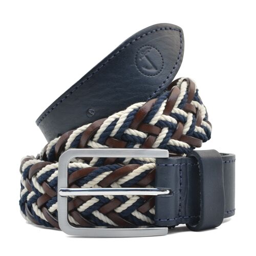 Men’s Seajure Braided Nautical Rope and Leather Belt Navy, Brown and Cream