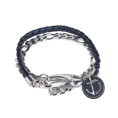 Seajure Chain and Braided Leather Flores Bracelet Navy Blue