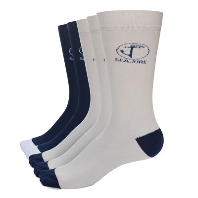 5 Pack Seajure Cotton Socks with Comfort Cuff Cream and Navy Blue Unisex, for men and women