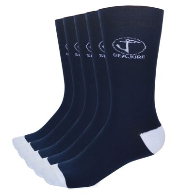 Lot de 5 chaussettes en coton Seajure avec poignets confortables bleu marine et blanc unisexe, pour hommes et femmes