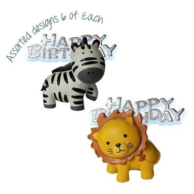 Safari Animals Resin Cake Toppers & Silver Happy Birthday Motto Assorted