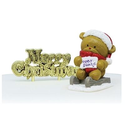 Caro Babbo Natale con orsacchiotto in resina cake topper e motto di buon Natale in oro