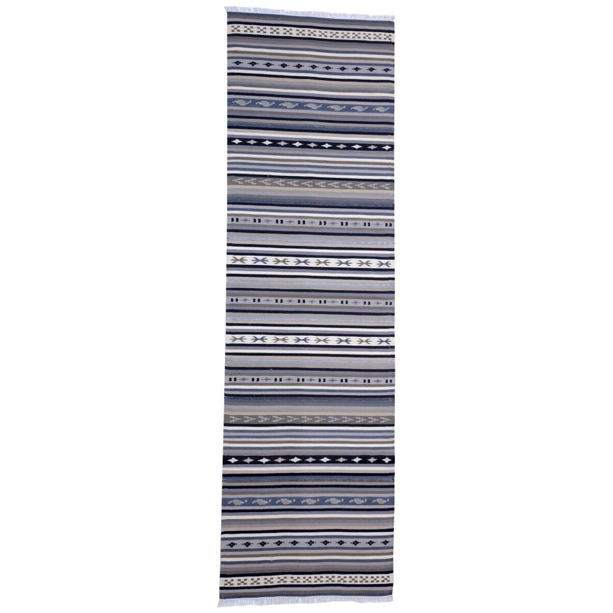 Runner Kilim grigio vintage intrecciato a mano con Babbo Natale