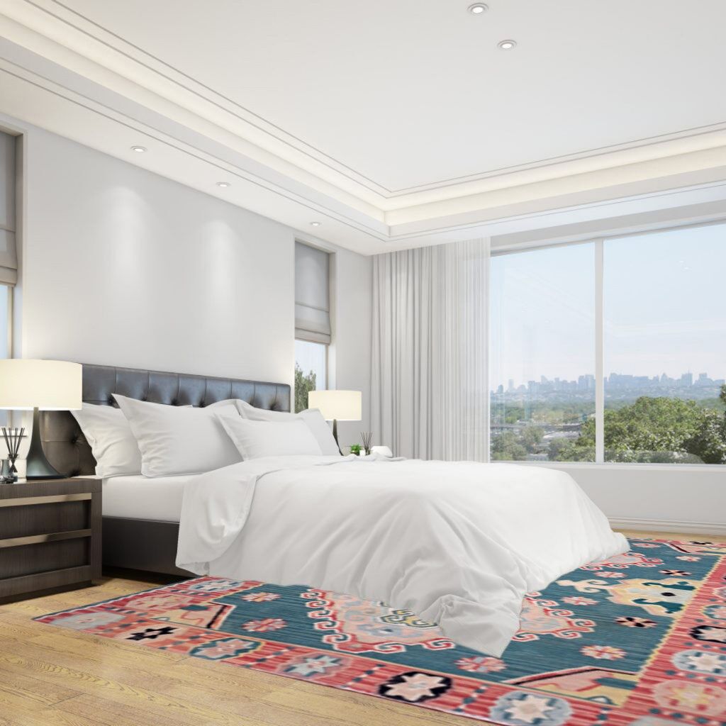 Tappeto vintage fatto a mano in lana blu smaltato